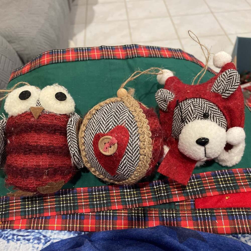 Lot Of 3 Christmas Rustic Handmade Ornaments Country Farmhouse Owl, Bear & Ball